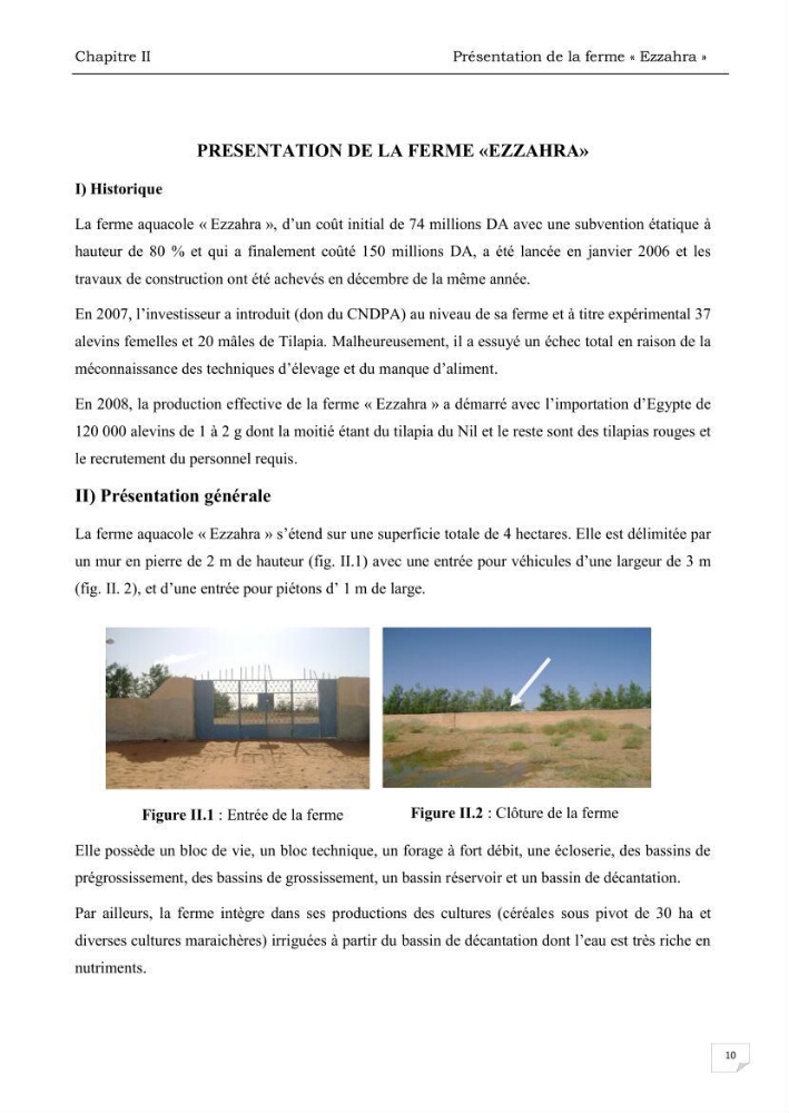 Analyse des aménagements piscicoles et de la gestion sanitaire de la ferme aquacole \"Ezzahra\":