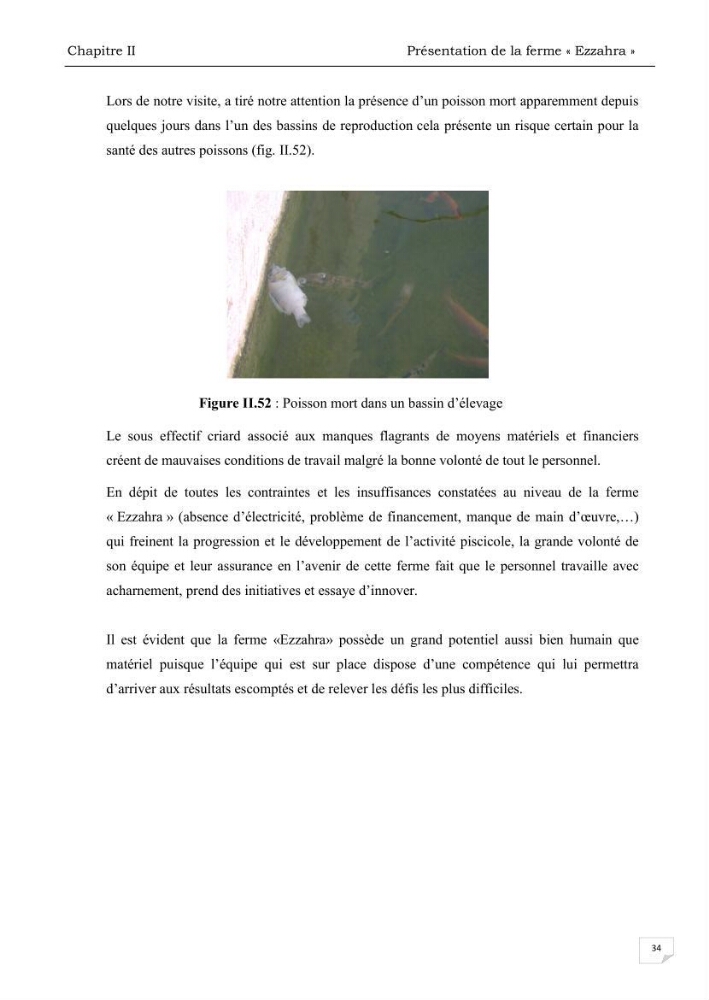 Analyse des aménagements piscicoles et de la gestion sanitaire de la ferme aquacole \"Ezzahra\":