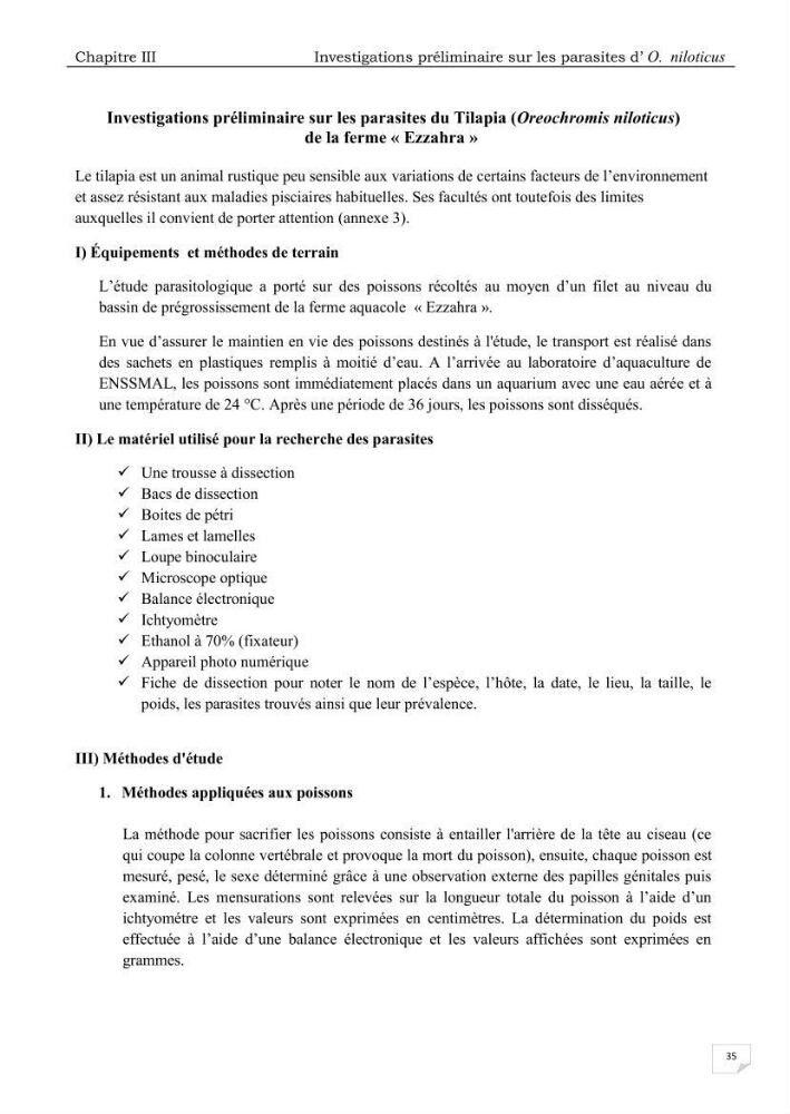 Analyse des aménagements piscicoles et de la gestion sanitaire de la ferme aquacole \"Ezzahra\":