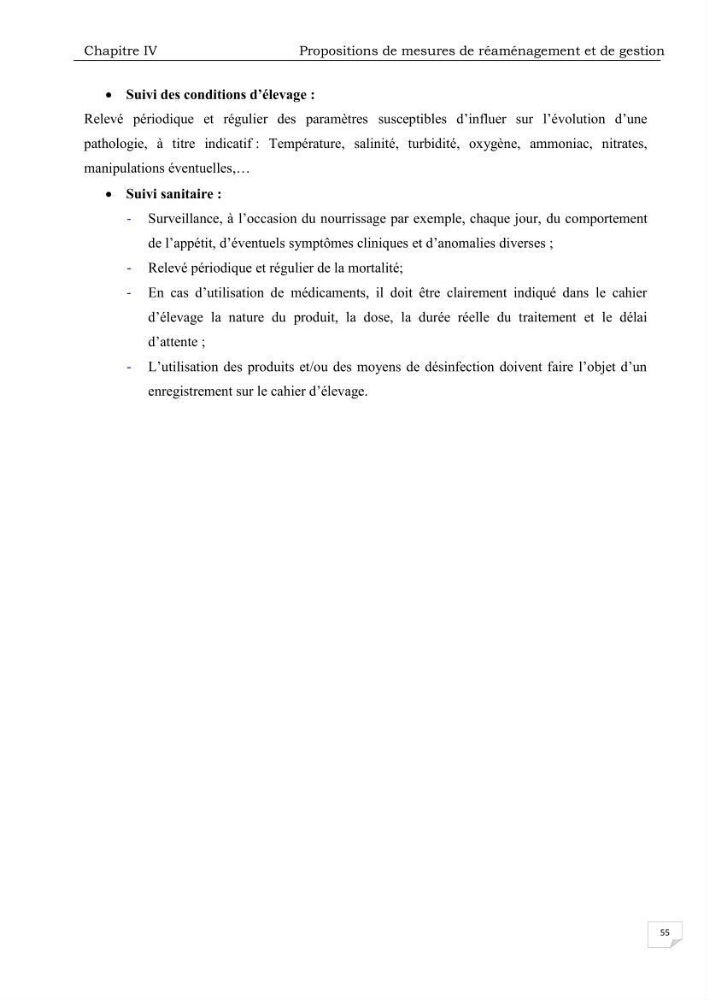 Analyse des aménagements piscicoles et de la gestion sanitaire de la ferme aquacole \"Ezzahra\":