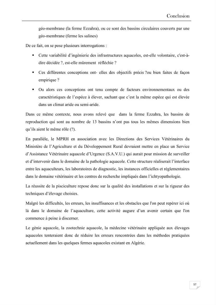 Analyse des aménagements piscicoles et de la gestion sanitaire de la ferme aquacole \"Ezzahra\":