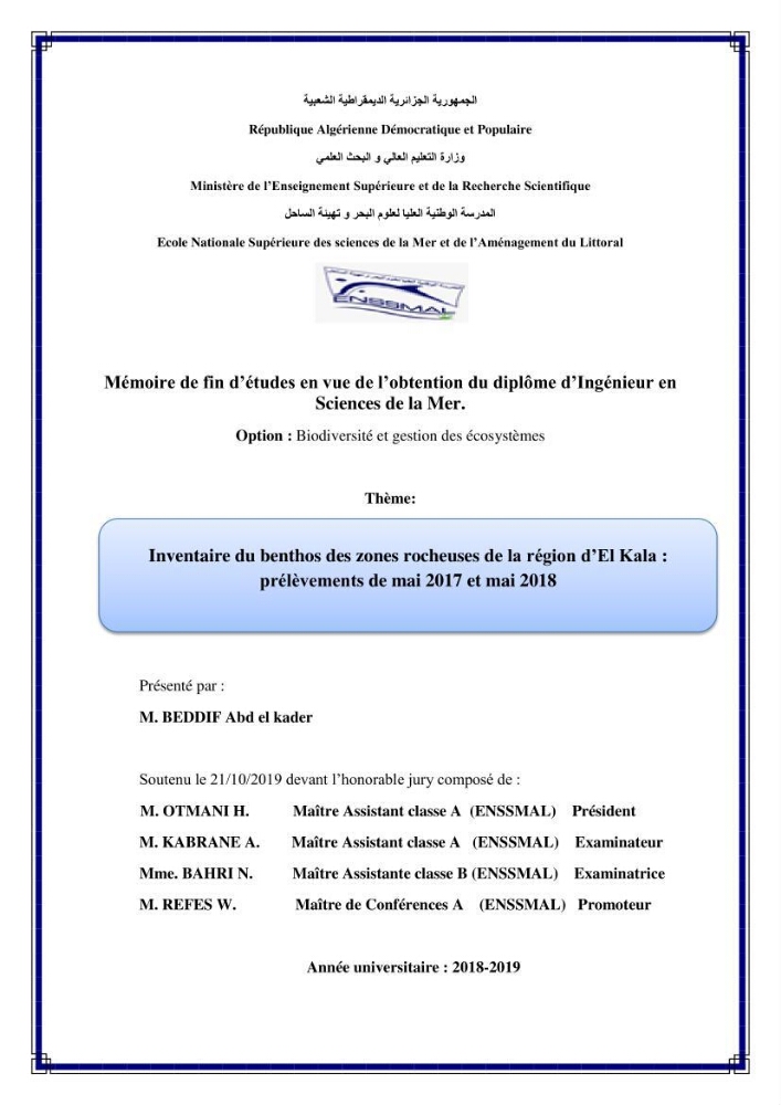 Inventaire du benthos des zones rocheuses de la région d’El Kala: prélèvements de mai 2017 et mai 2018