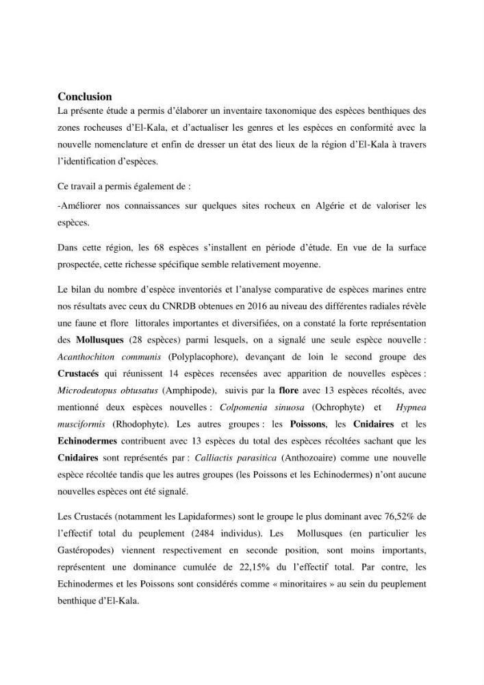Inventaire du benthos des zones rocheuses de la région d’El Kala: prélèvements de mai 2017 et mai 2018
