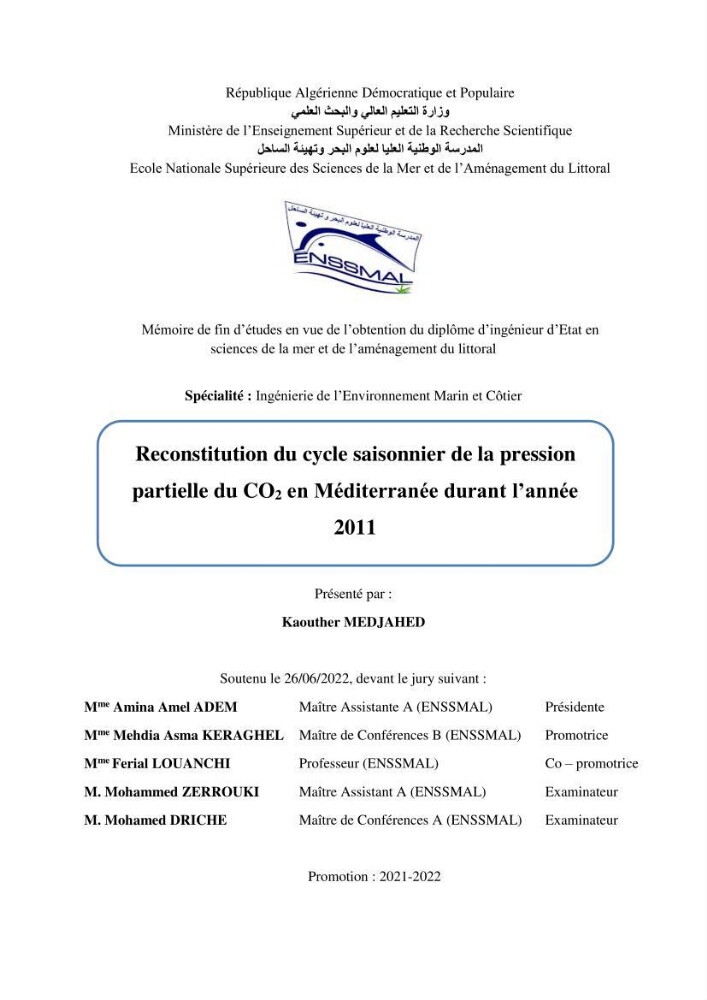 Reconstitution du cycle saisonnier de la pression partielle du CO2 en Méditerranée durant l’année 2011