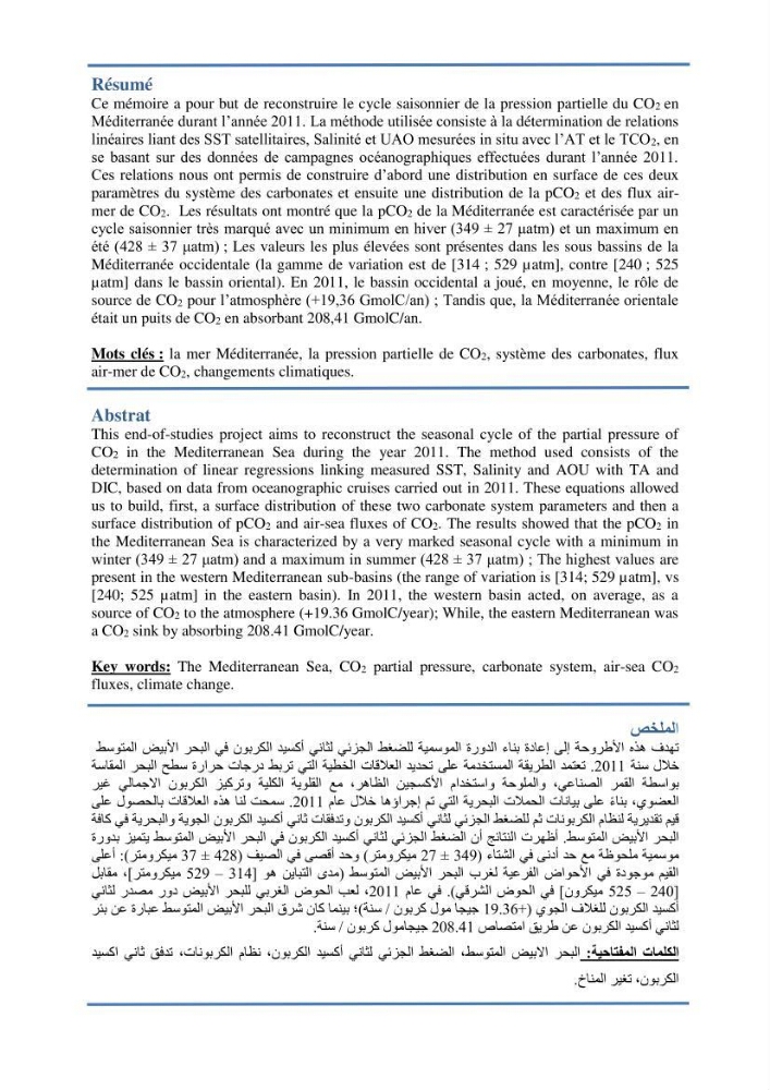 Reconstitution du cycle saisonnier de la pression partielle du CO2 en Méditerranée durant l’année 2011