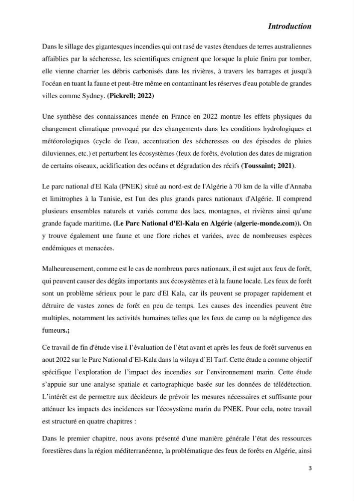 Contribution à la prévention et à la gestion des feux de forêts dans le parc national d\'El Kala (Nord Est de l\'Algérie) par télédétection et leurs incidences sur le milieu marin