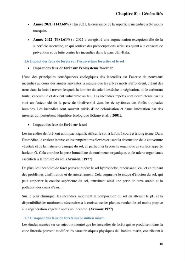 Contribution à la prévention et à la gestion des feux de forêts dans le parc national d\'El Kala (Nord Est de l\'Algérie) par télédétection et leurs incidences sur le milieu marin