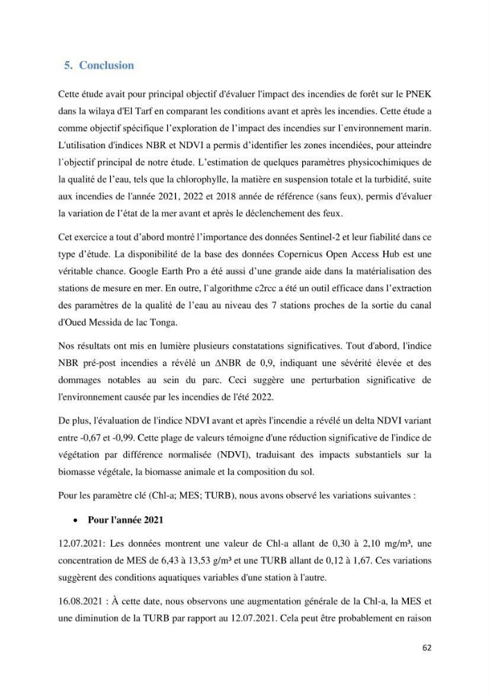 Contribution à la prévention et à la gestion des feux de forêts dans le parc national d\'El Kala (Nord Est de l\'Algérie) par télédétection et leurs incidences sur le milieu marin