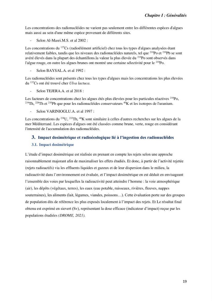 Etude radioécologique du littoral Algérois: cas d\'algues marines