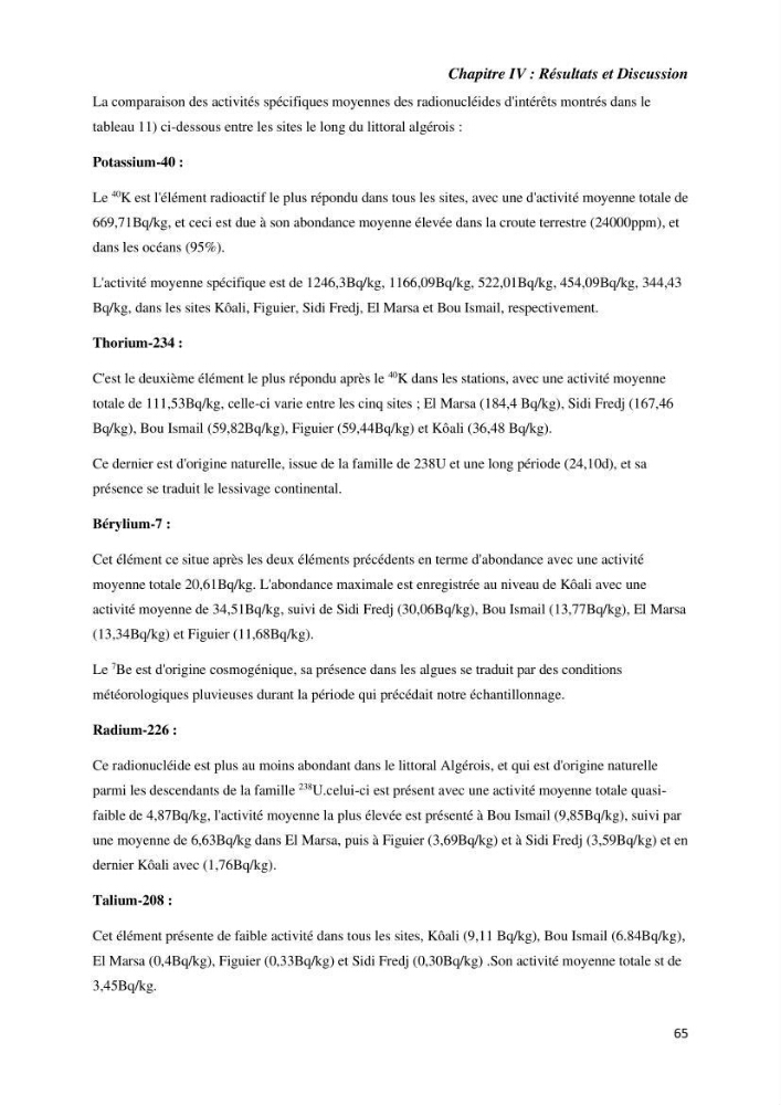Etude radioécologique du littoral Algérois: cas d\'algues marines