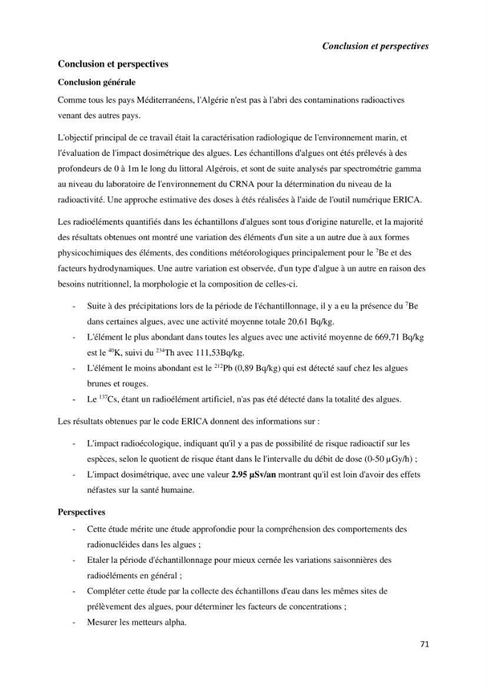 Etude radioécologique du littoral Algérois: cas d\'algues marines