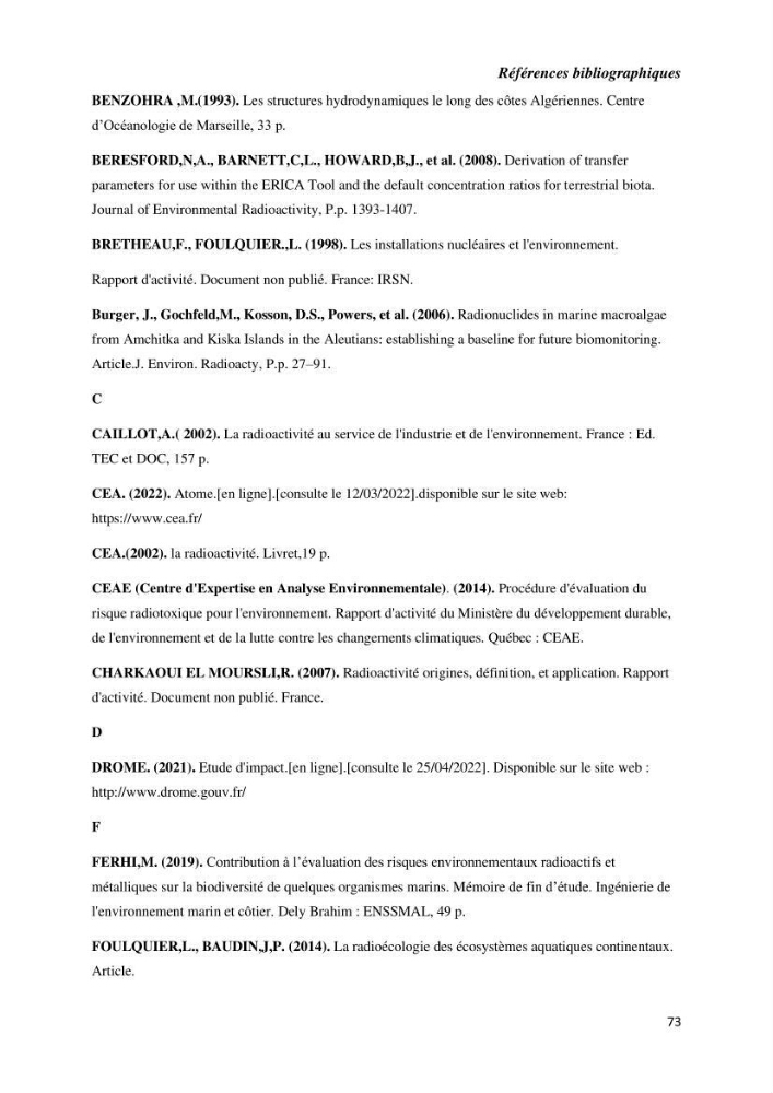 Etude radioécologique du littoral Algérois: cas d\'algues marines