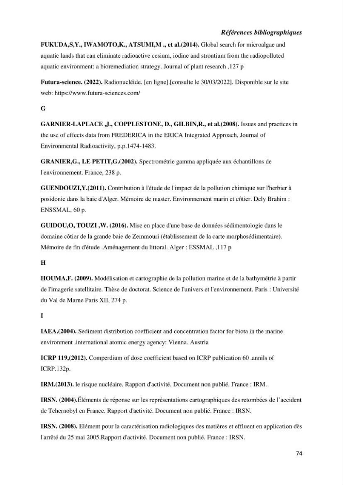 Etude radioécologique du littoral Algérois: cas d\'algues marines