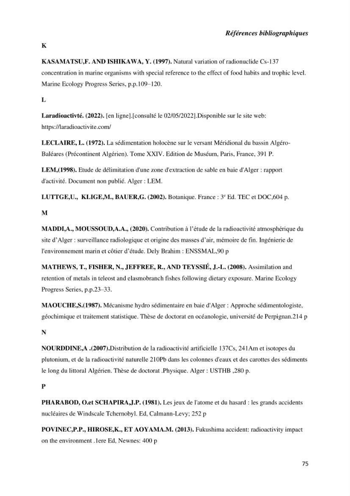 Etude radioécologique du littoral Algérois: cas d\'algues marines