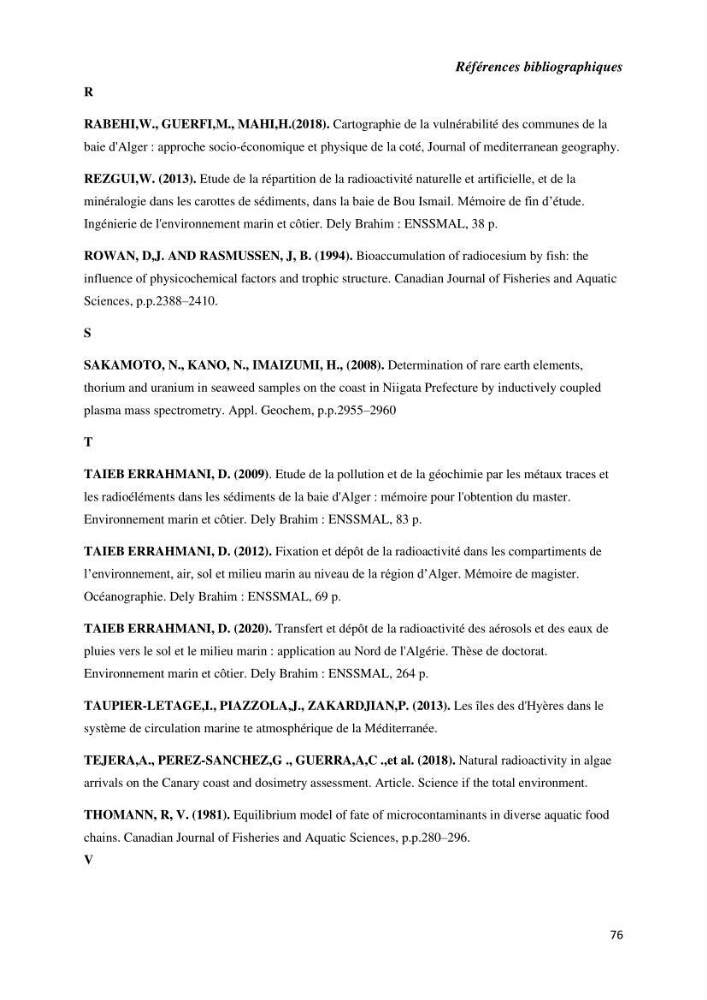Etude radioécologique du littoral Algérois: cas d\'algues marines