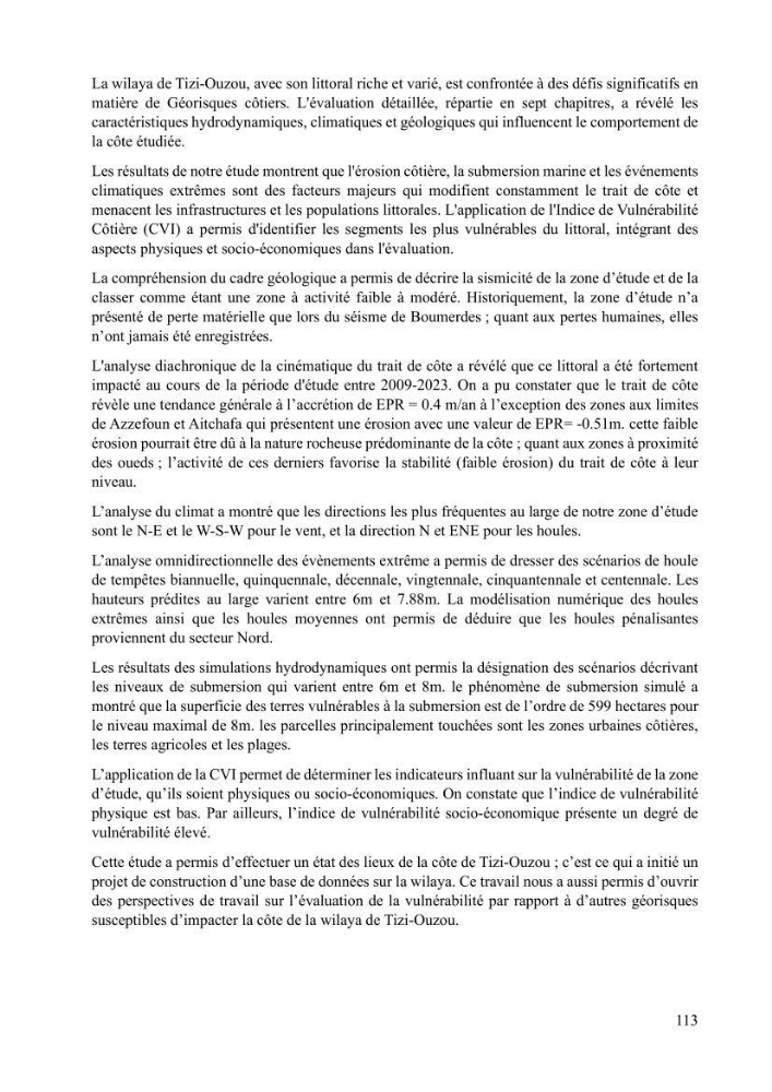 Evaluation de la vulnérabilité du littoral de la wilaya de Tizi-Ouzou face aux de géo-risques côtiers