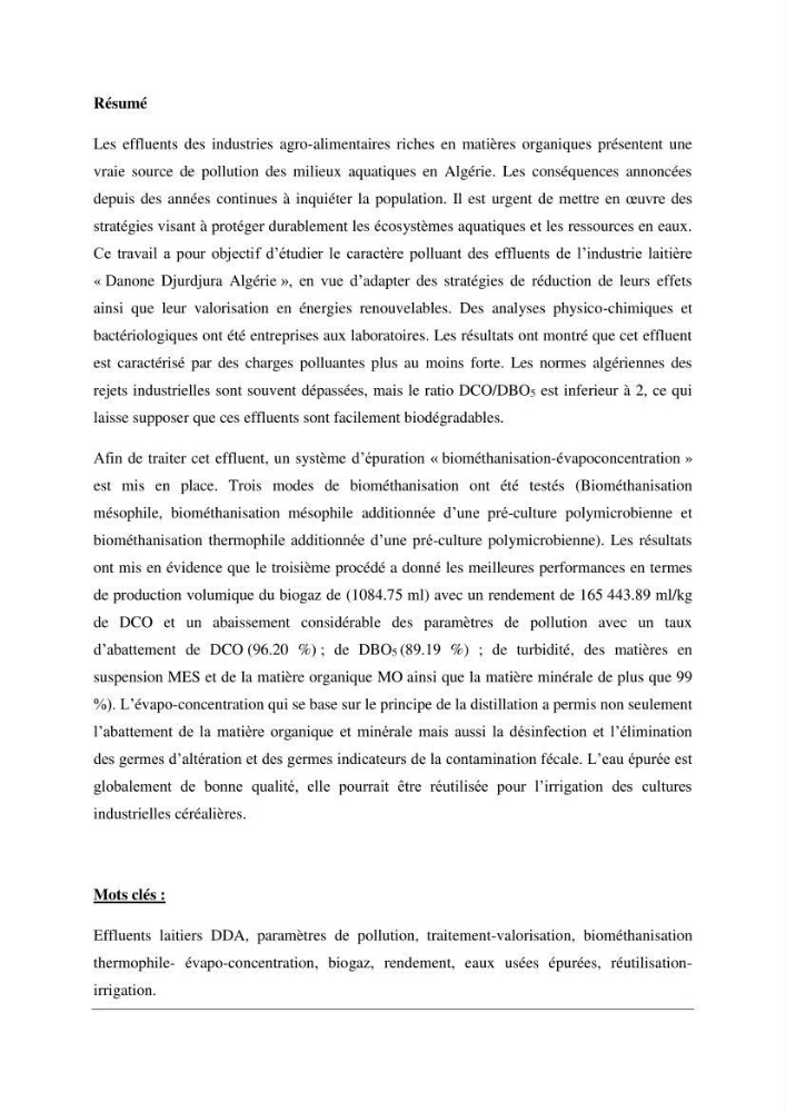 Traitement et valorisation des effluents de l’industrie laitière DANONE par biométhanisation couplée à l’évapo-concentration: