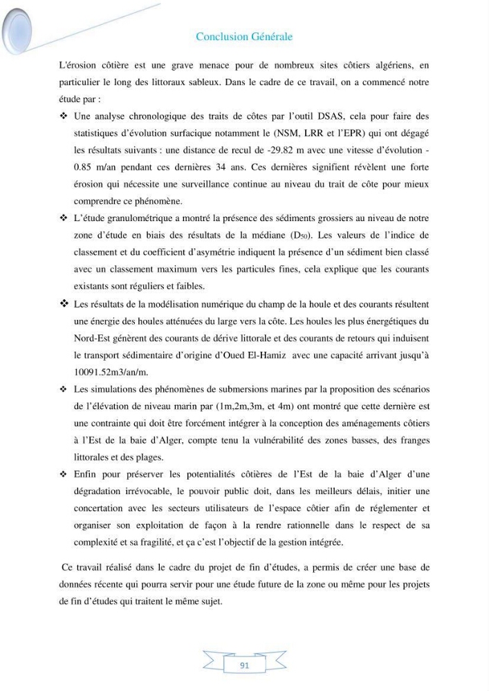 Impact de l’élévation de niveau de la mer et des tempêtes sur l’évolution morpho dynamique de la région Est de la baie d’Alger : simulation numérique des processus hydro-sédimentaires.