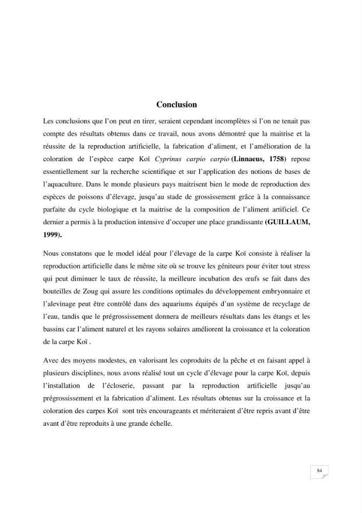 Reproduction artificielle, alevinage et prégrossissement de la carpe Koî ( cyprinus carpio carpio) avec un essai d\'amélioration par l\'utilisation des pigments: