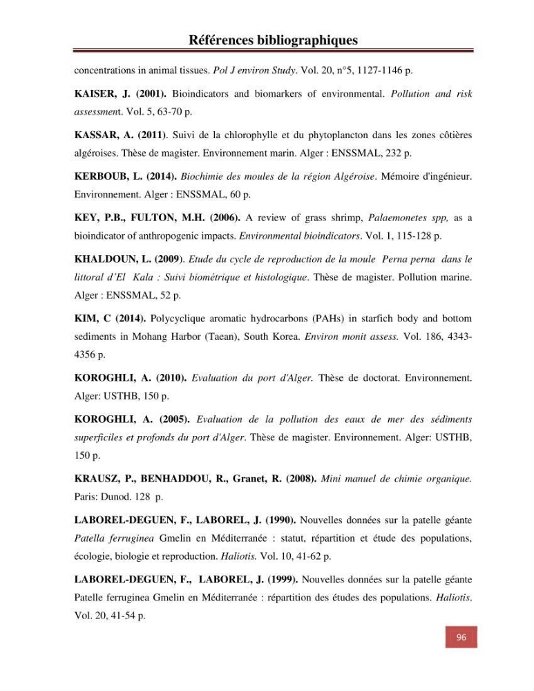Etude prospective de la pollution marine de la baie d\'Alger:
