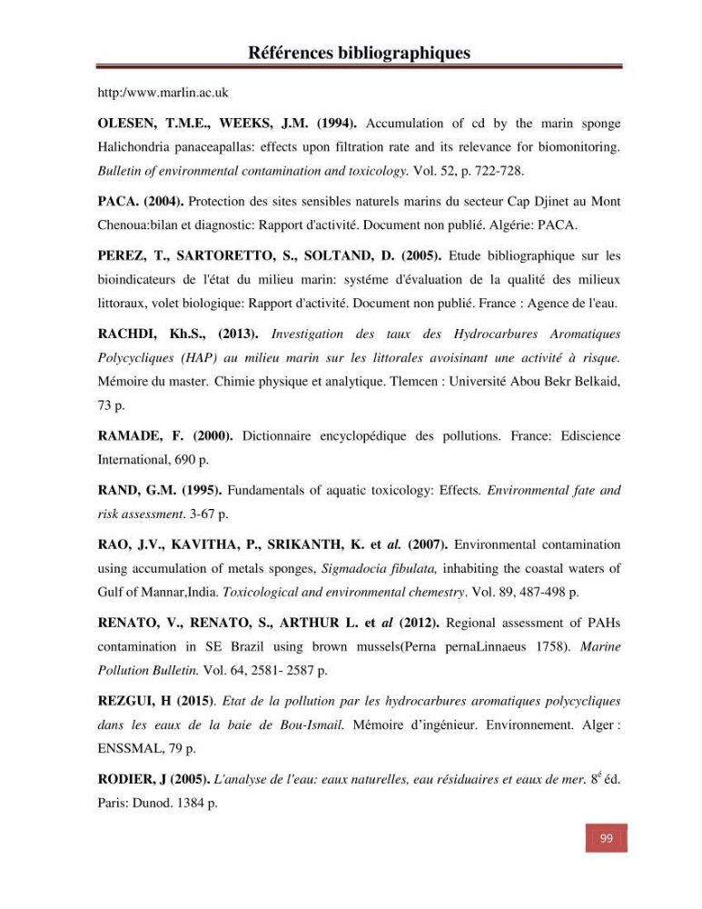 Etude prospective de la pollution marine de la baie d\'Alger: