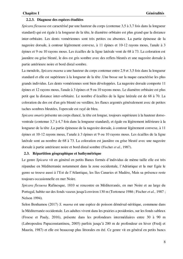 Estimation de la fécondité, de l’âge et modélisation de la croissance des espèces du genre Spicara (Sparidae) de la région centre algérienne.: