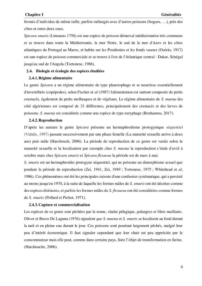 Estimation de la fécondité, de l’âge et modélisation de la croissance des espèces du genre Spicara (Sparidae) de la région centre algérienne.: