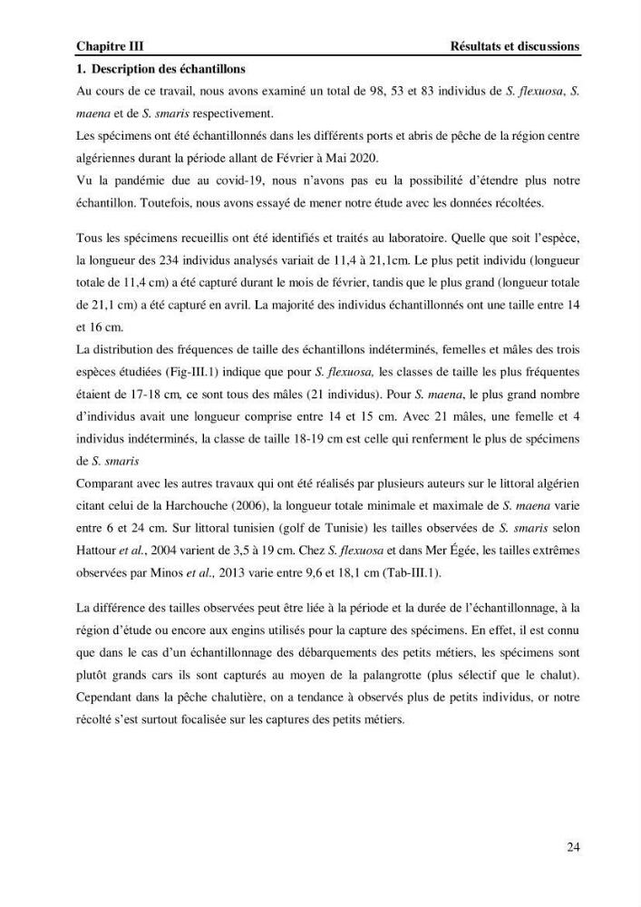 Estimation de la fécondité, de l’âge et modélisation de la croissance des espèces du genre Spicara (Sparidae) de la région centre algérienne.: