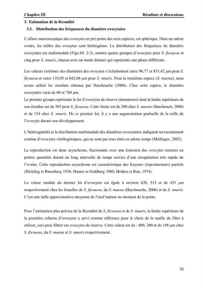 Estimation de la fécondité, de l’âge et modélisation de la croissance des espèces du genre Spicara (Sparidae) de la région centre algérienne.: