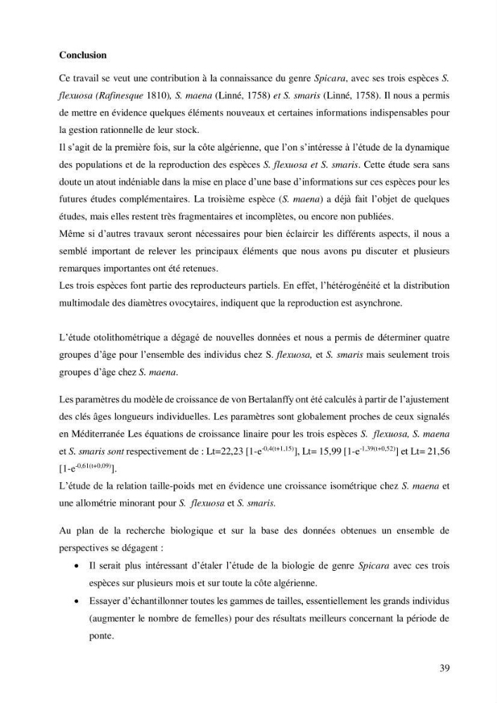 Estimation de la fécondité, de l’âge et modélisation de la croissance des espèces du genre Spicara (Sparidae) de la région centre algérienne.: