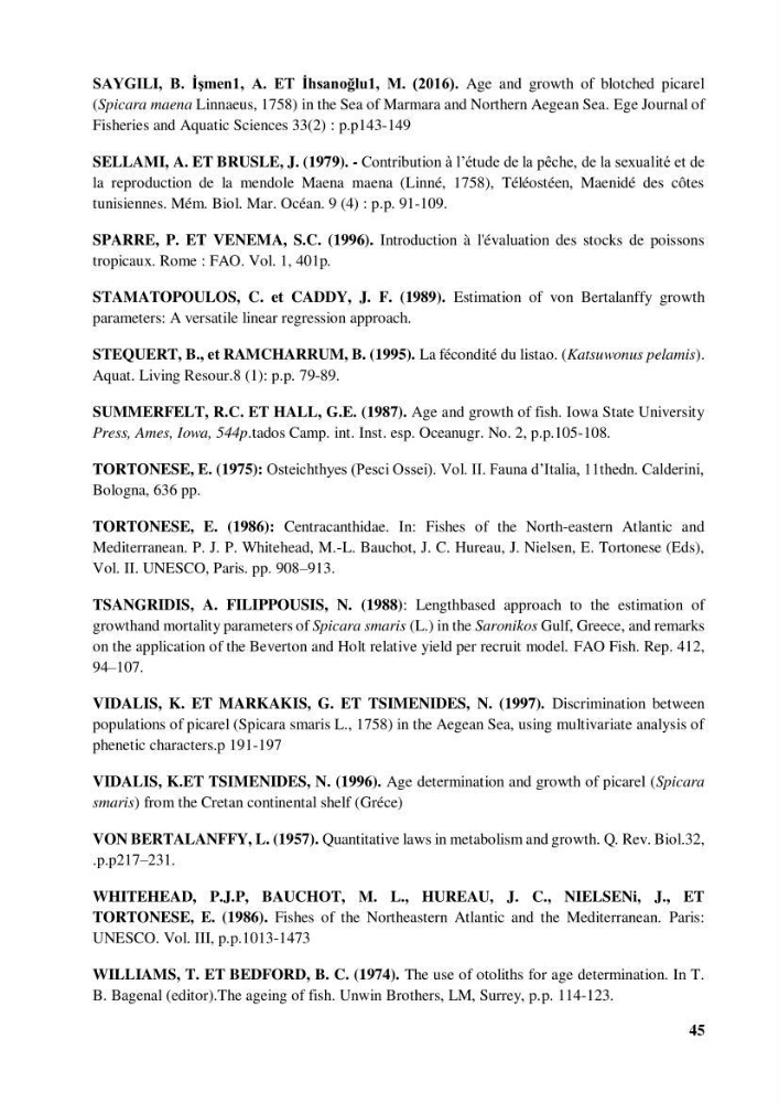Estimation de la fécondité, de l’âge et modélisation de la croissance des espèces du genre Spicara (Sparidae) de la région centre algérienne.: